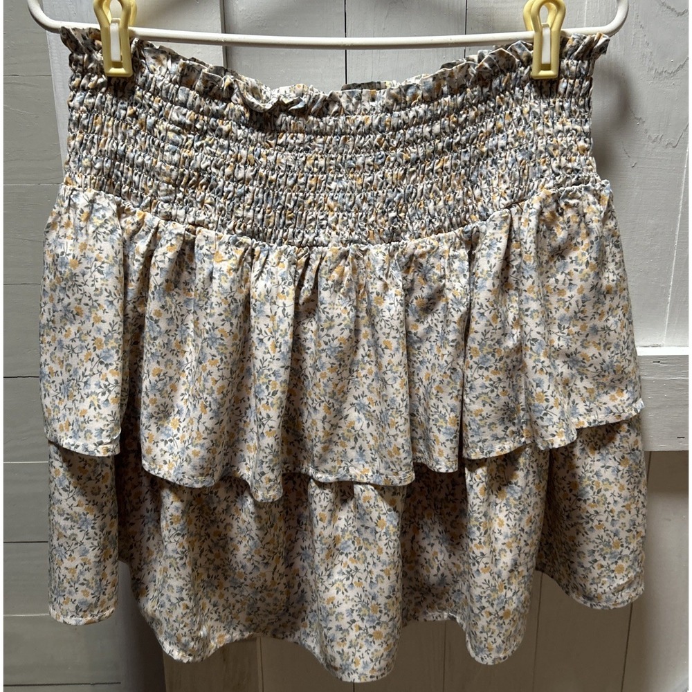 Wallflower Cream, Yellow, Blue  Floral Mini Skirt Sz XL Double Tiered Ruffle
